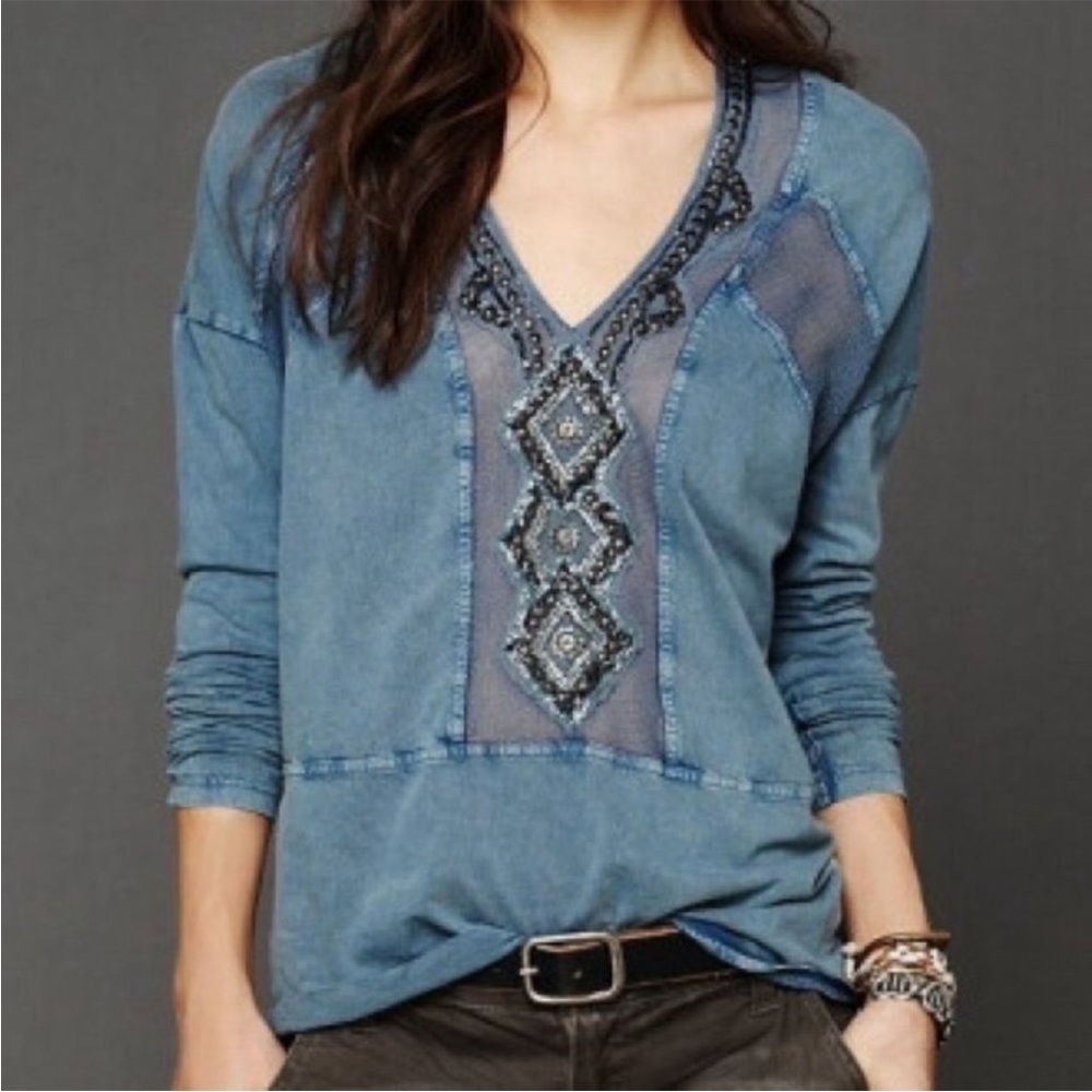 FREE PEOPLE Boho Oversized Cotton Popover V-Neck Blouse Embellished Blue XS